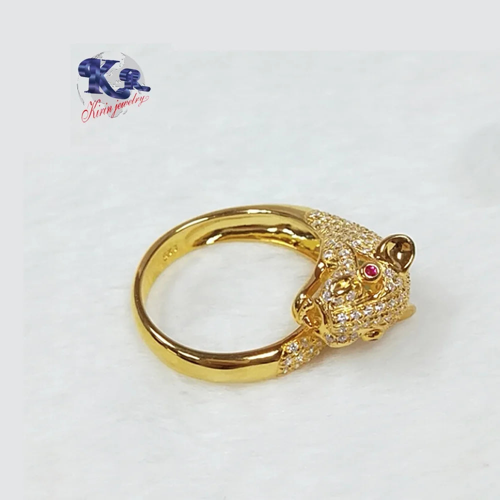 Wholesale Gold Plated CZ and Corundum Leopard Head Animal Engagement Rings