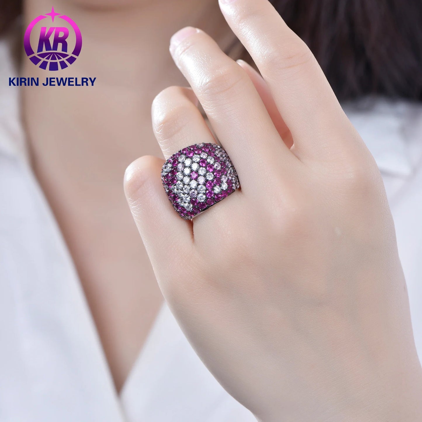 Wholesale Lab Created Ruby Statement Accent Sliver Dome Ring for Women