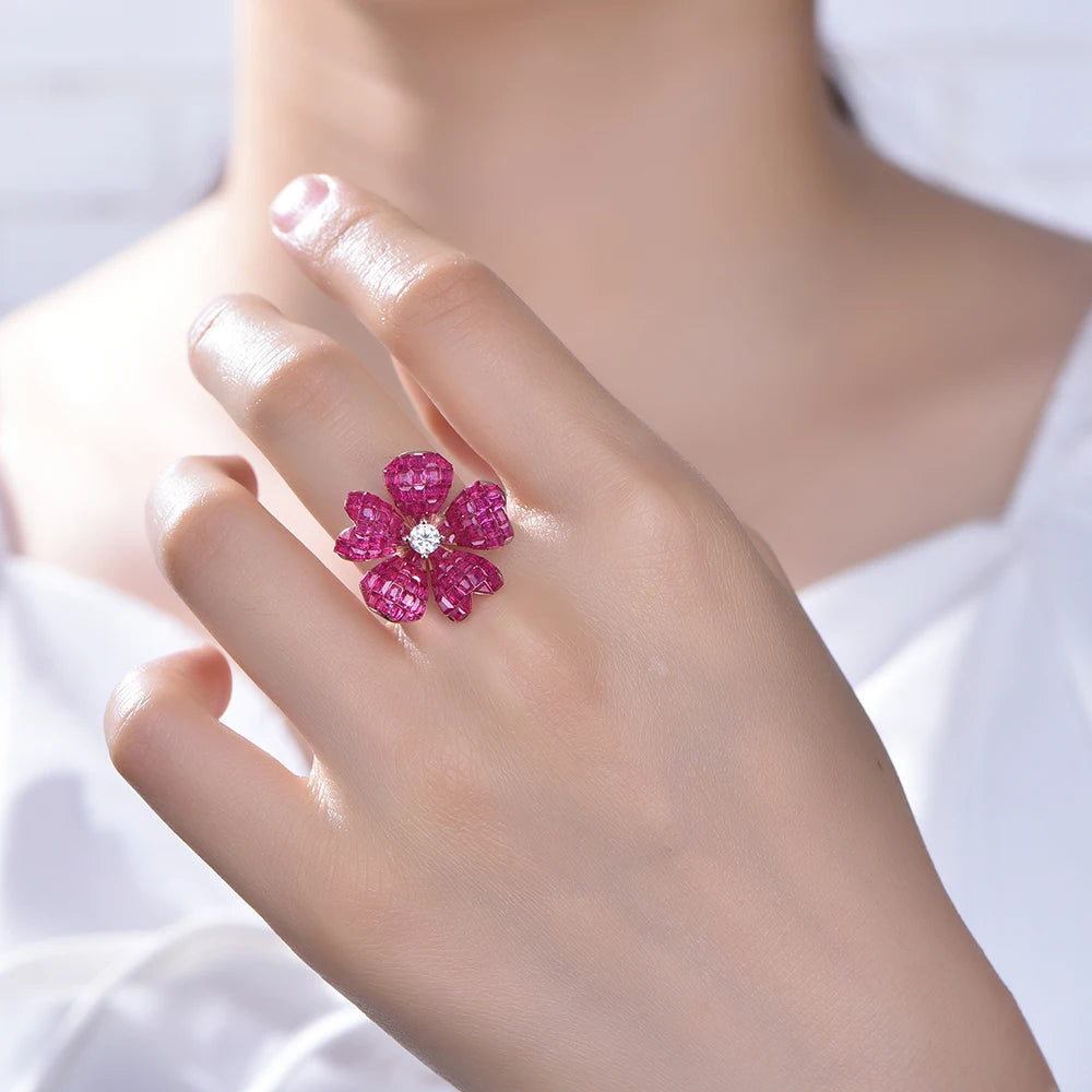 Wholesale Rose Gold Plated Created Ruby Unique Floral Engagement Rings for Women