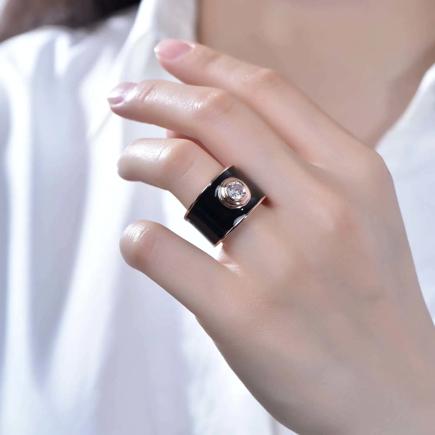 Wholesale Silver CZ Black Enamel Chunky Wide Engagement Rings for Women