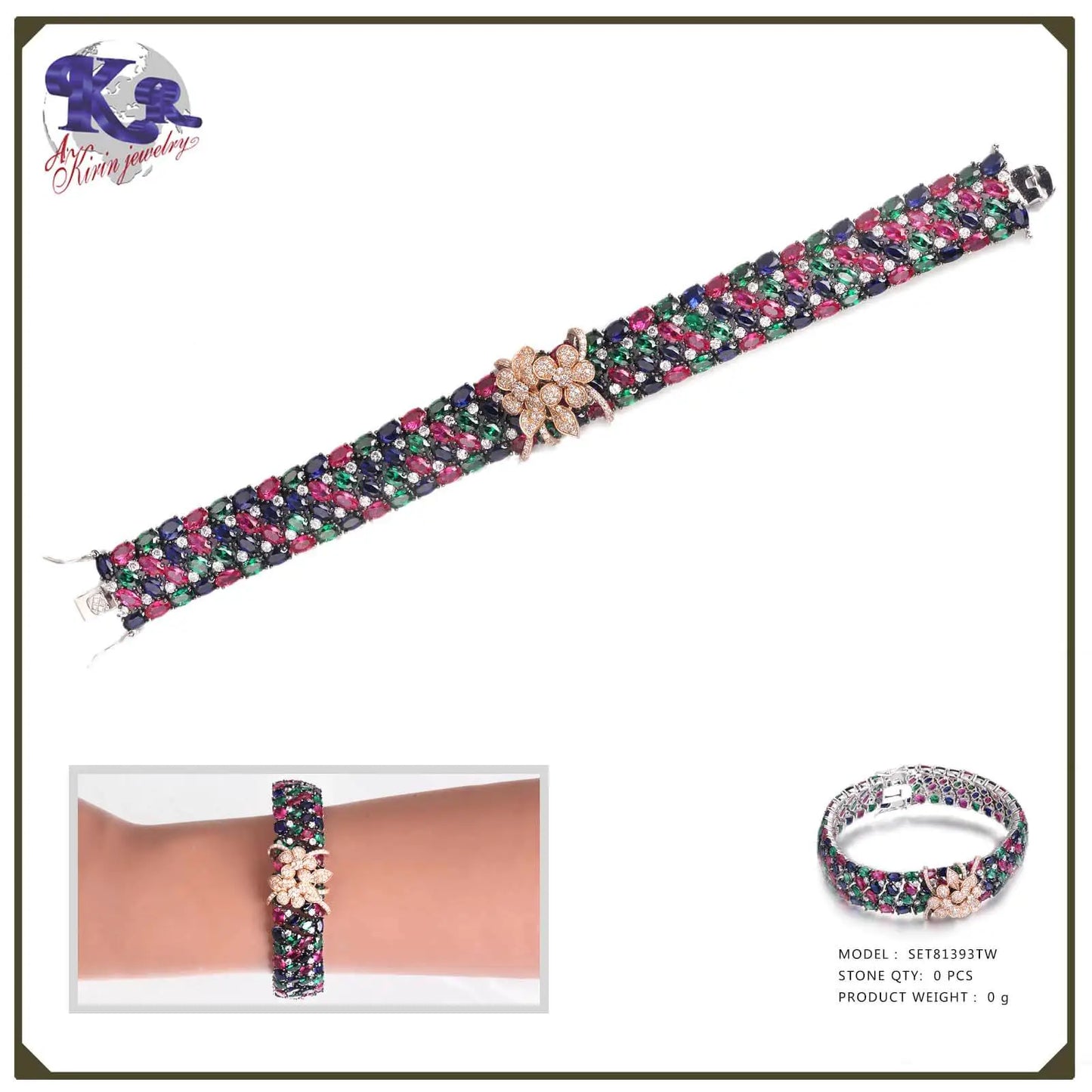 Wholesale Silver CZ & Corundum Colorful Gem Bracelet Flower Bridal Jewelry Sets