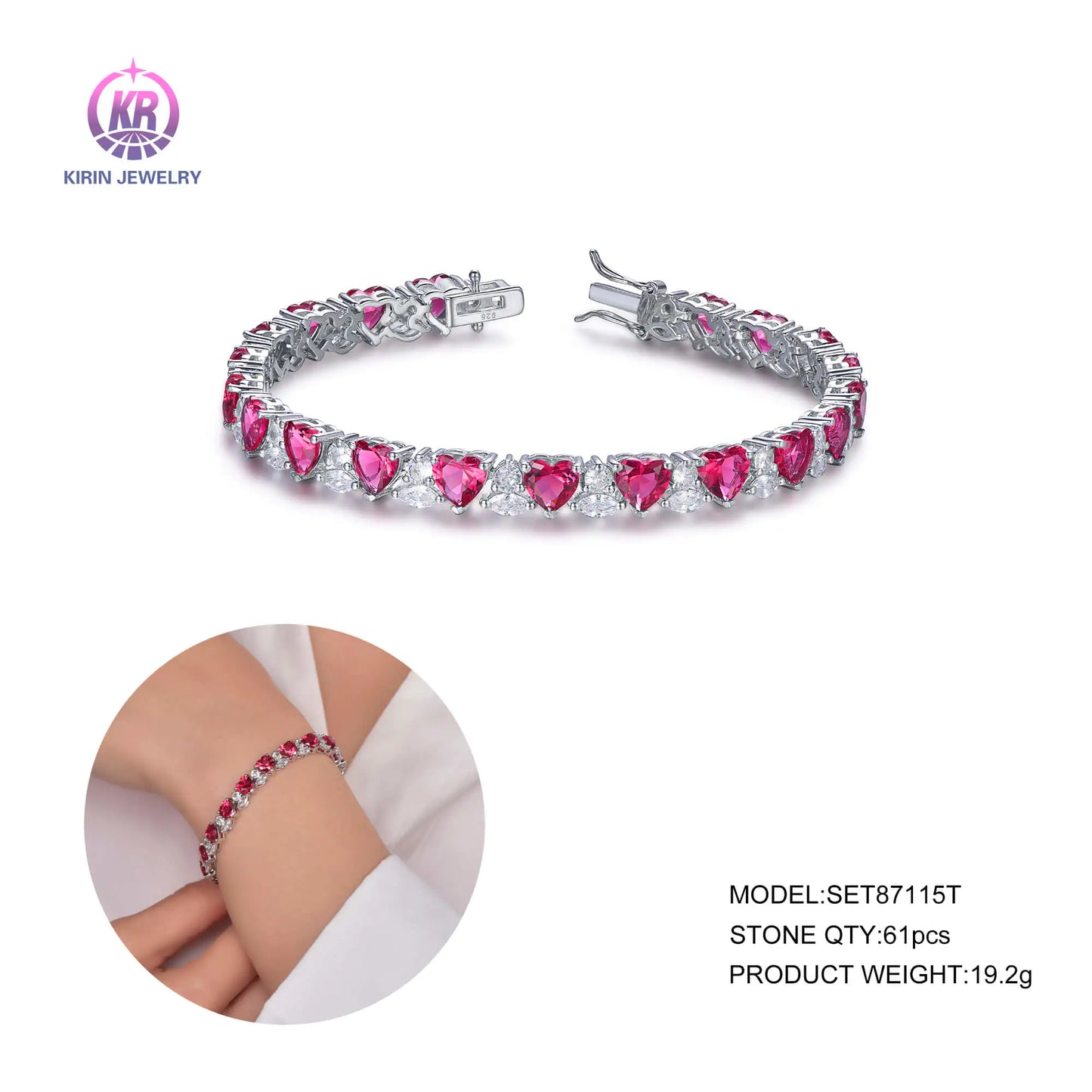 Wholesale Silver CZ & Corundum Lab Created Ruby Bracelet Heart Jewelry Set