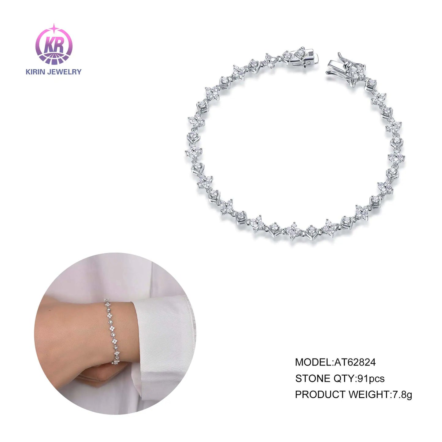 Wholesale Silver CZ Created Diamond Single Row Chain Mixed Shape Tennis Bracelet for Women