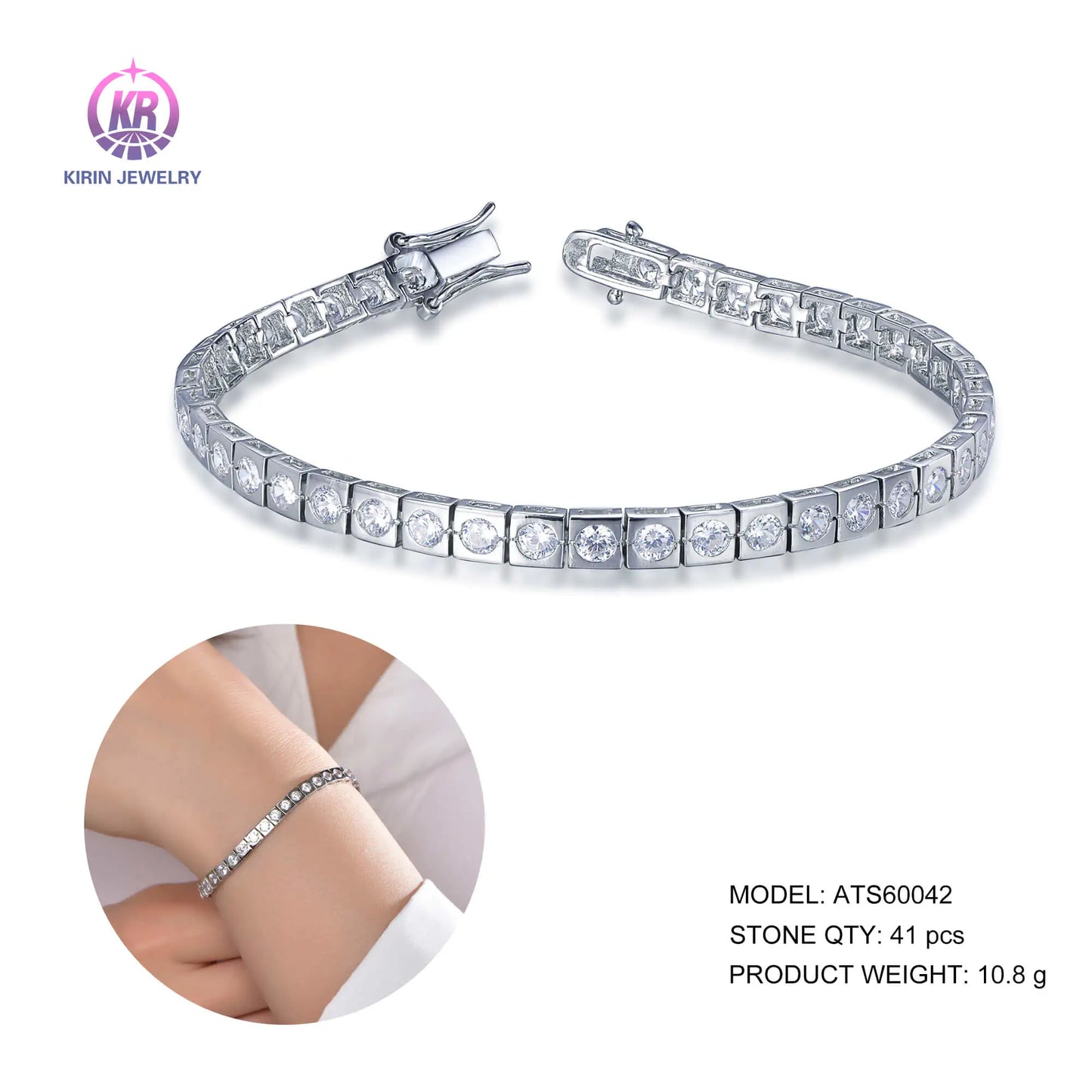 Wholesale Silver CZ Created Diamond Square Bezel Set Tennis Bracelet for Women