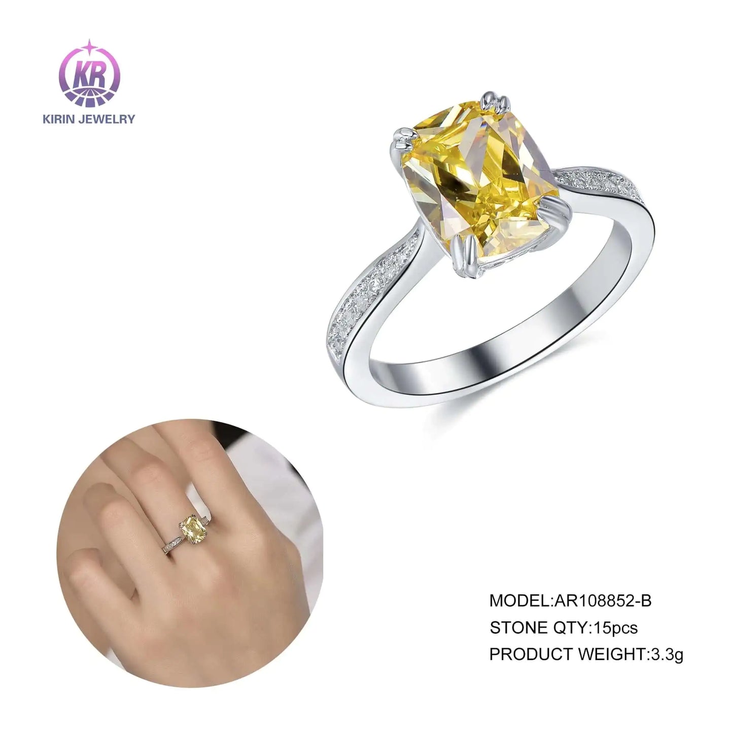Wholesale Silver CZ Cushion Cut Lab Grown Citrine Solitaire Engagement Rings for Women