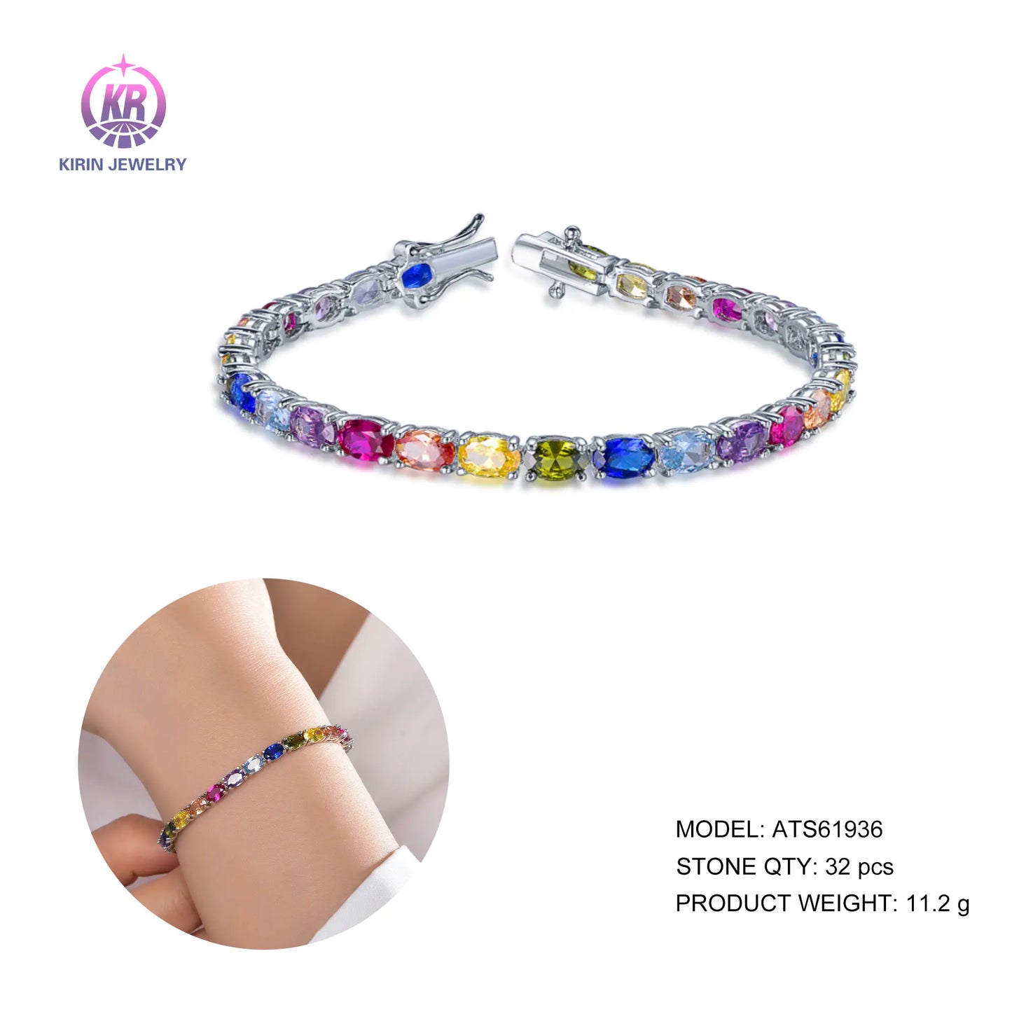 Wholesale Silver CZ & Glass & Corundum Oval Cut Colored Tennis Bracelet for Women