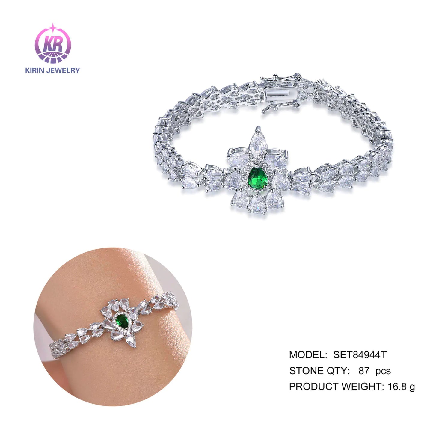 Wholesale Silver CZ & Glass Lab Created Emerald Flower Bangle Bracelet for Women