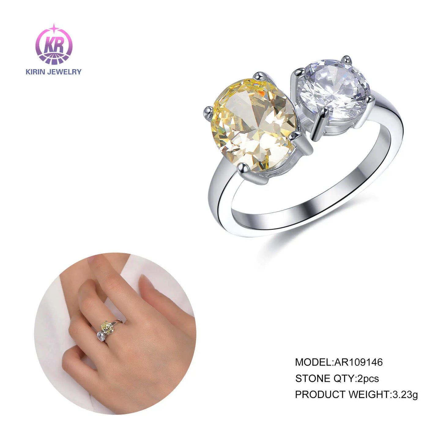 Wholesale Silver CZ Lab Grown Diamond and Citrine 2 Stone Engagement Ring for Women