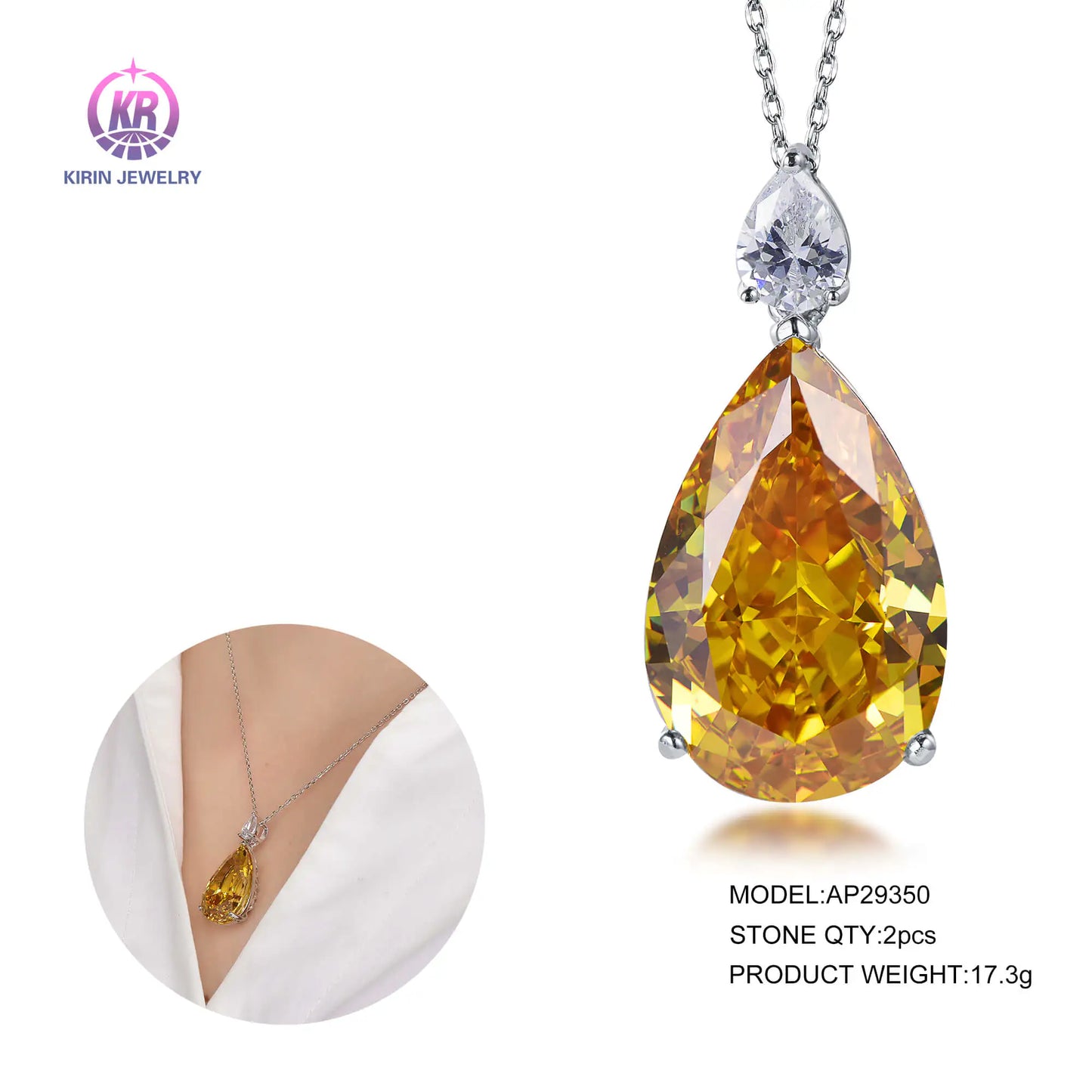 Wholesale Silver CZ Pear Cut Lab Created Diamond & Citrine Big Stone Pendant for Women