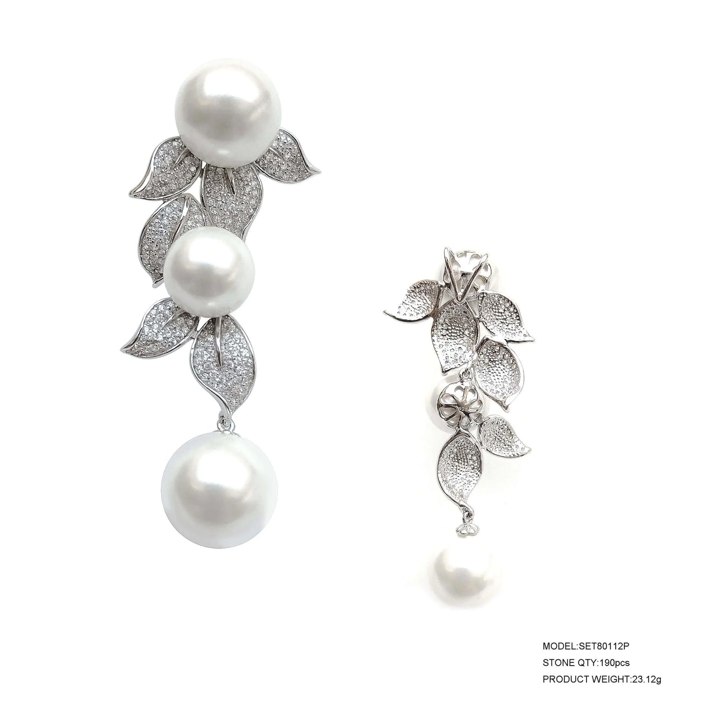 Wholesale Silver CZ & Pearl Leave Floral Shape Earrings Pearl Bridal Jewelry Sets