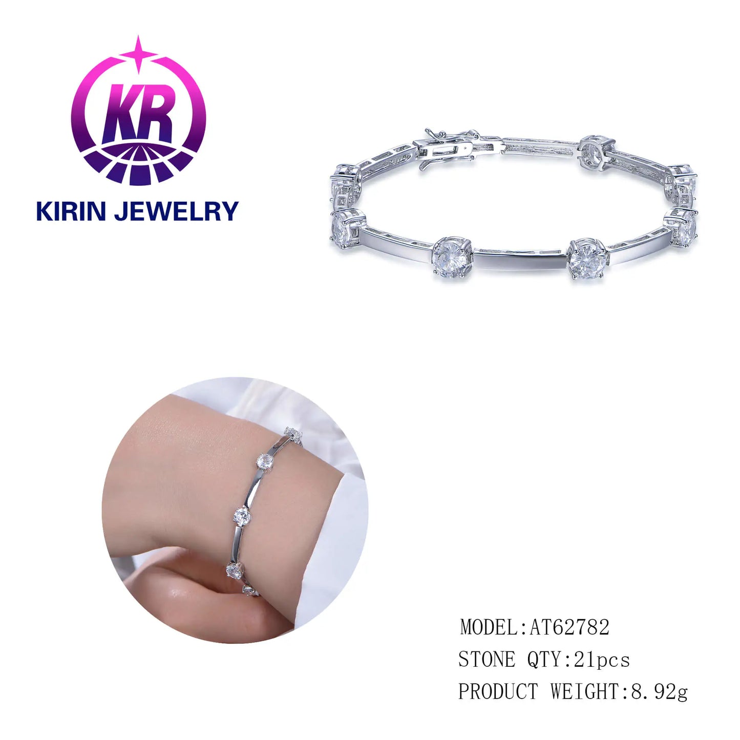 Wholesale Silver CZ Round Cut Simulated Diamond Train Chain Link Bracelets for Women