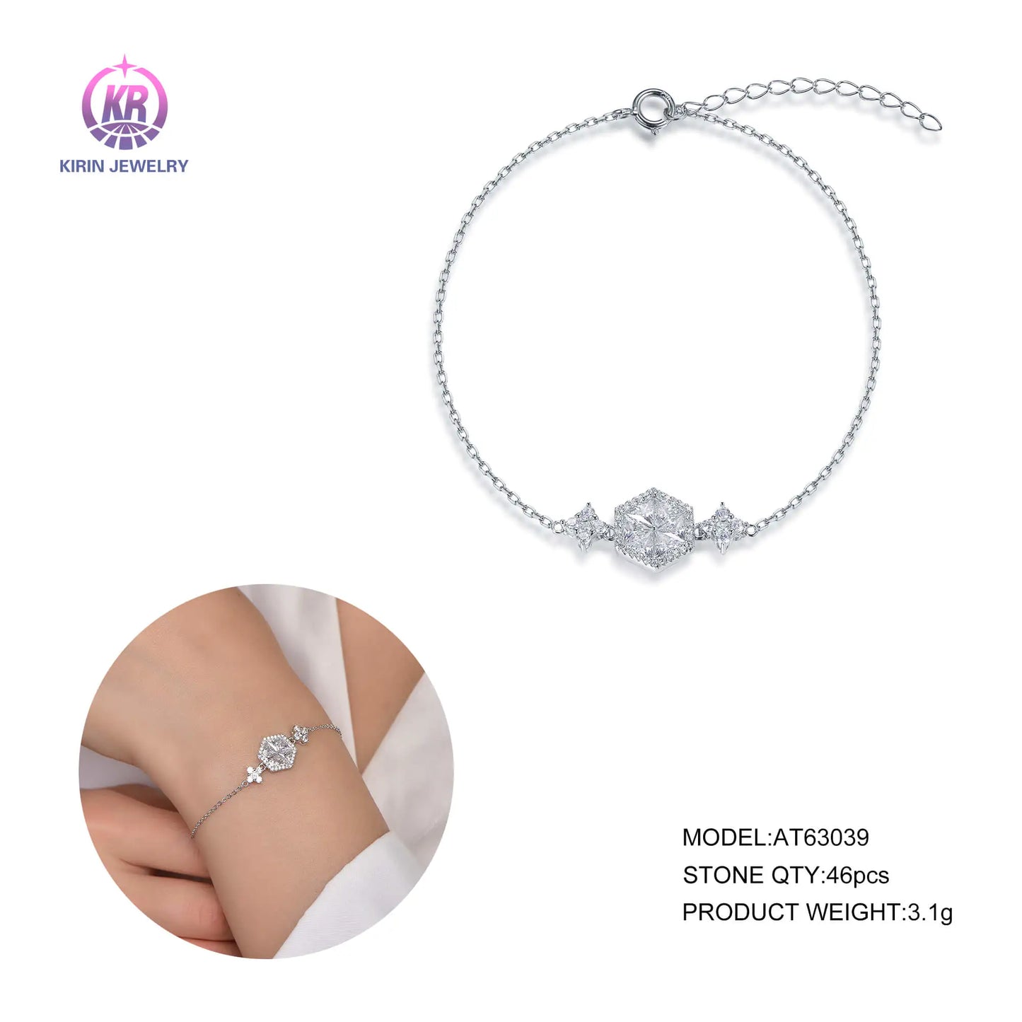 Wholesale Silver CZ Round & Triangle Simulated Diamond Snowflake Bracelet for Women