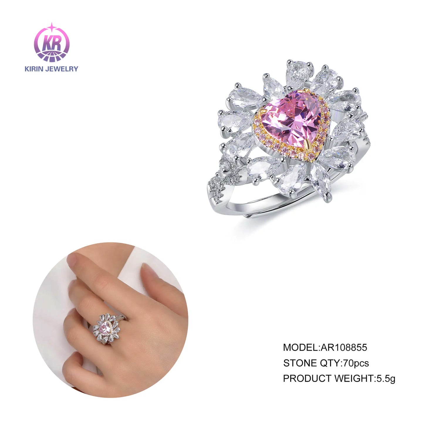 Wholesale Silver CZ Simulated Pink Diamond Heart Engagement Ring for Women