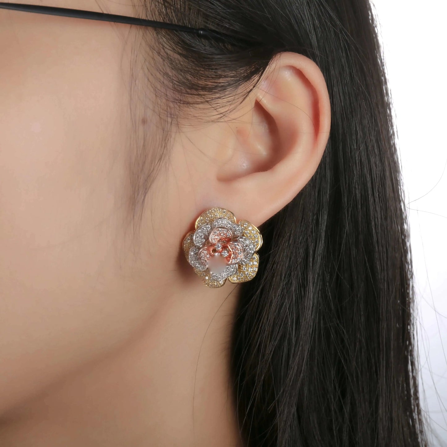 Wholesale Silver CZ Tri-Tone Flower Stud Earrings for Women