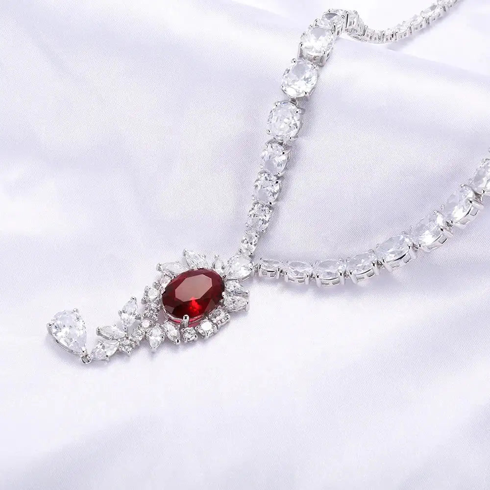 Wholesale Silver Corundum & CZ Marquise Leaf Teardrop Necklace Ruby Jewelry Set