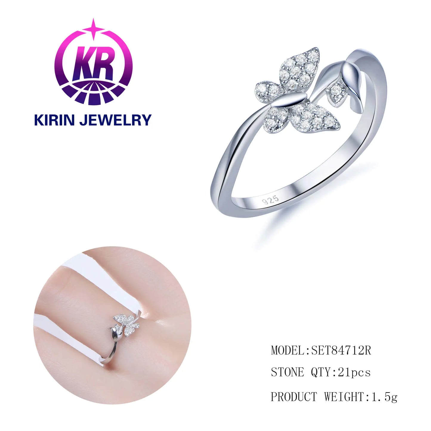 Wholesale Silver Cubic Zircon Flower Butterfly Ring Dainty Bridal Jewelry Sets