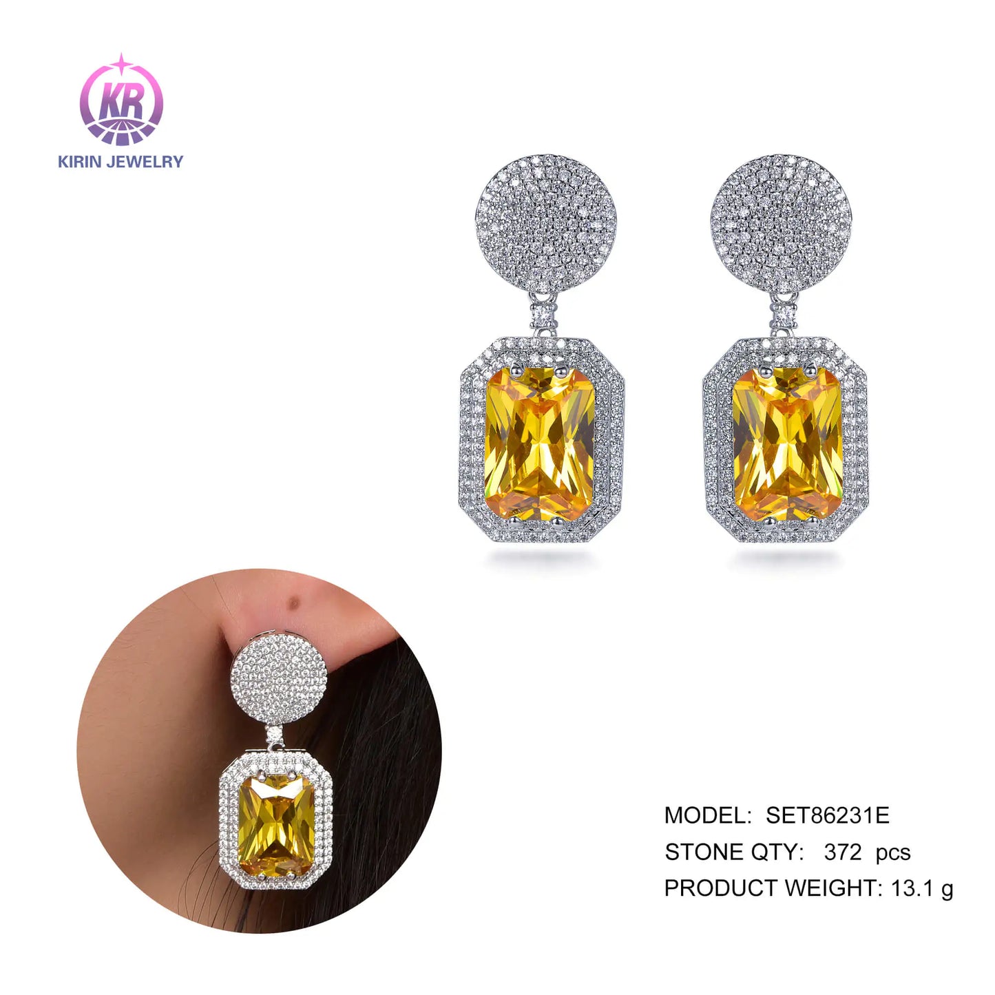 Wholesale Silver Cubic Zircon Lab Created Diamond & Citrine Halo Dangle Earrings for Women