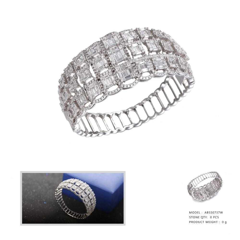 Wholesale Silver Cubic Zircon Lab Created Diamond Hollow Chain Wide Bangle for Women