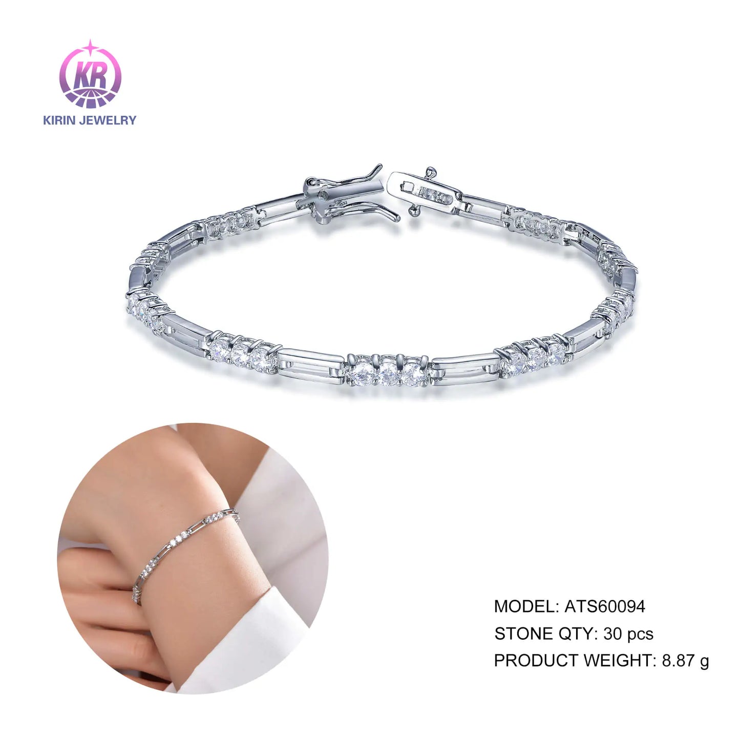 Wholesale Silver Cubic Zircon Paperclip Chain Lab Created Diamond Line Bracelet for Women