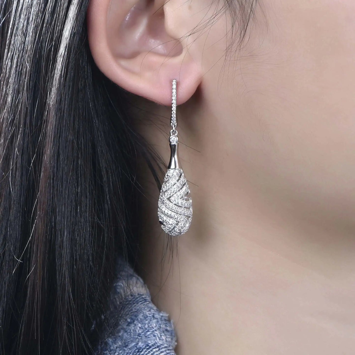 Wholesale Silver Cubic Zircon Pave Long Chandelier Drop Earring Bridal Party Jewelry Sets