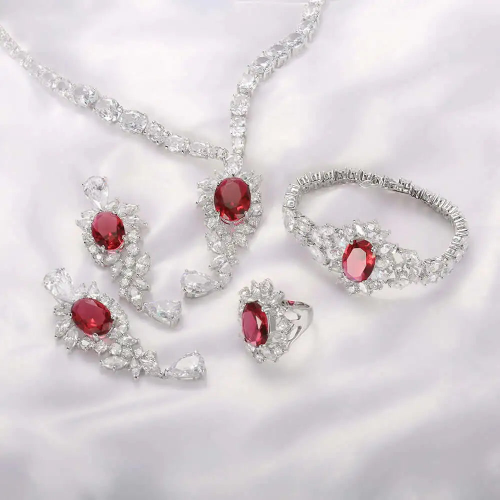 Wholesale Silver Floral Leaves Simulated Ruby Bridal Jewelry Sets