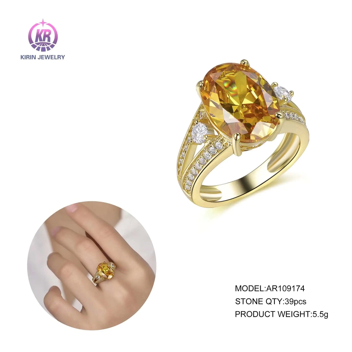 Wholesale Silver Gold Plated CZ Split Shank Lab Grown Citrine Engagement Ring for Women