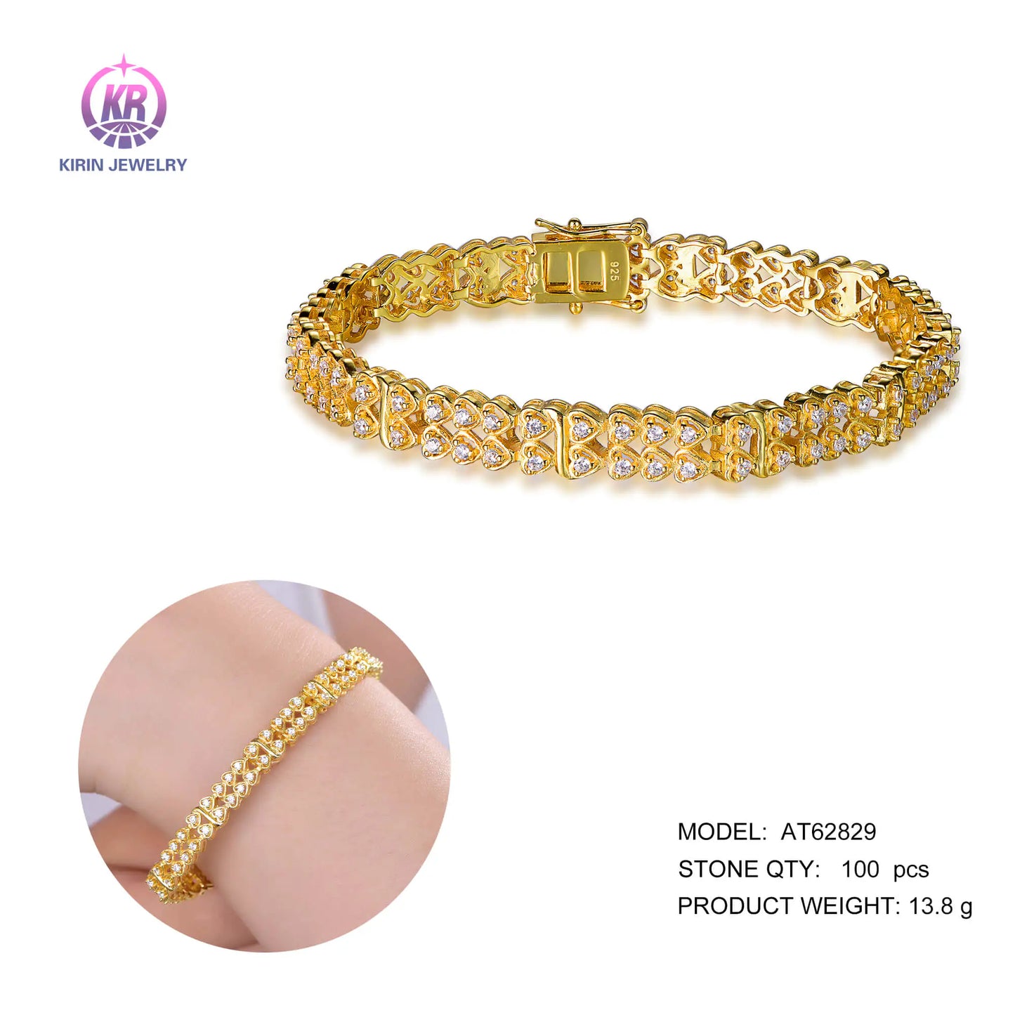 Wholesale Silver Gold Plated Cubic Zircon 2 Rows Heart Tennis Bracelet for Women