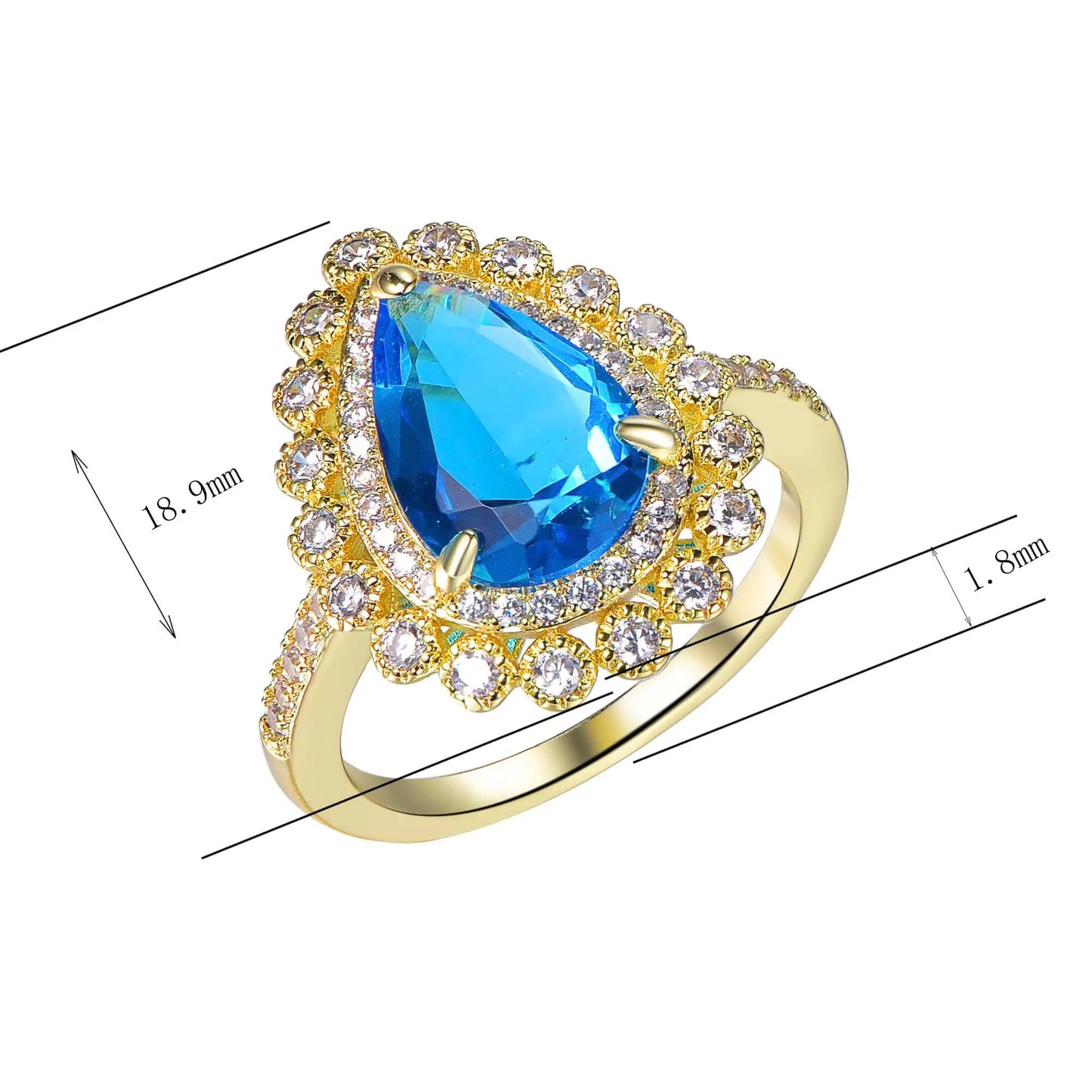 Wholesale Silver Gold Plated Pear-Shaped Lab Created Sapphire Halo Ring