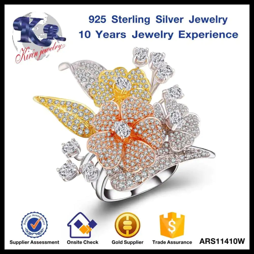 Wholesale Silver Gold & White Gold & Rose Gold Plated CZ Cocktail Flower Tri Tone Ring for Women