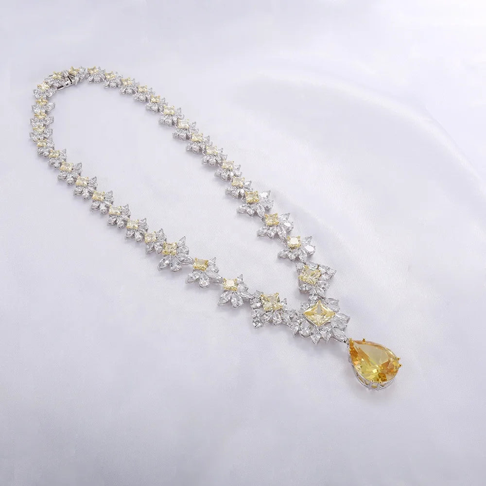Wholesale Silver Lab Created Citrine Drop Flower Pendant Necklace