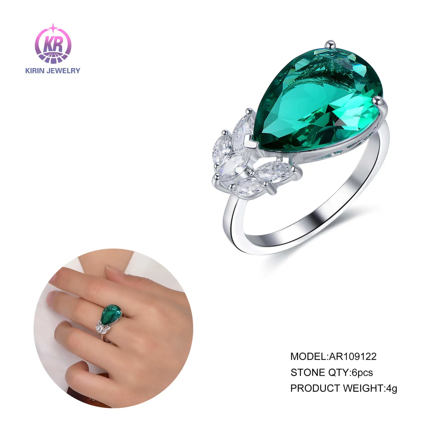 Wholesale Silver Marquise CZ Pear Cut Lab Grown Emerald Engagement Ring for Women