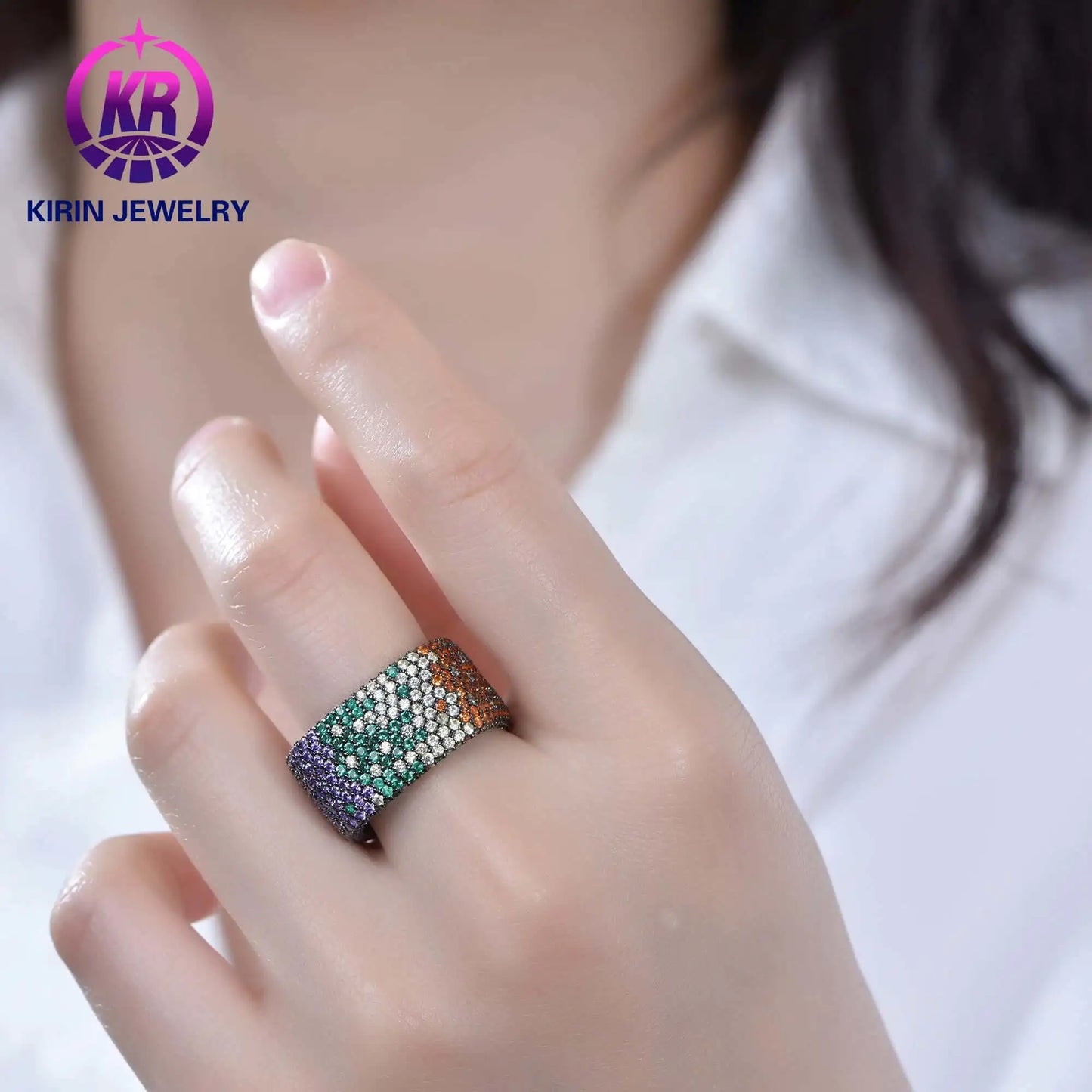 Wholesale Silver Multicolor Stone Wide Square Engagement Rings for Women