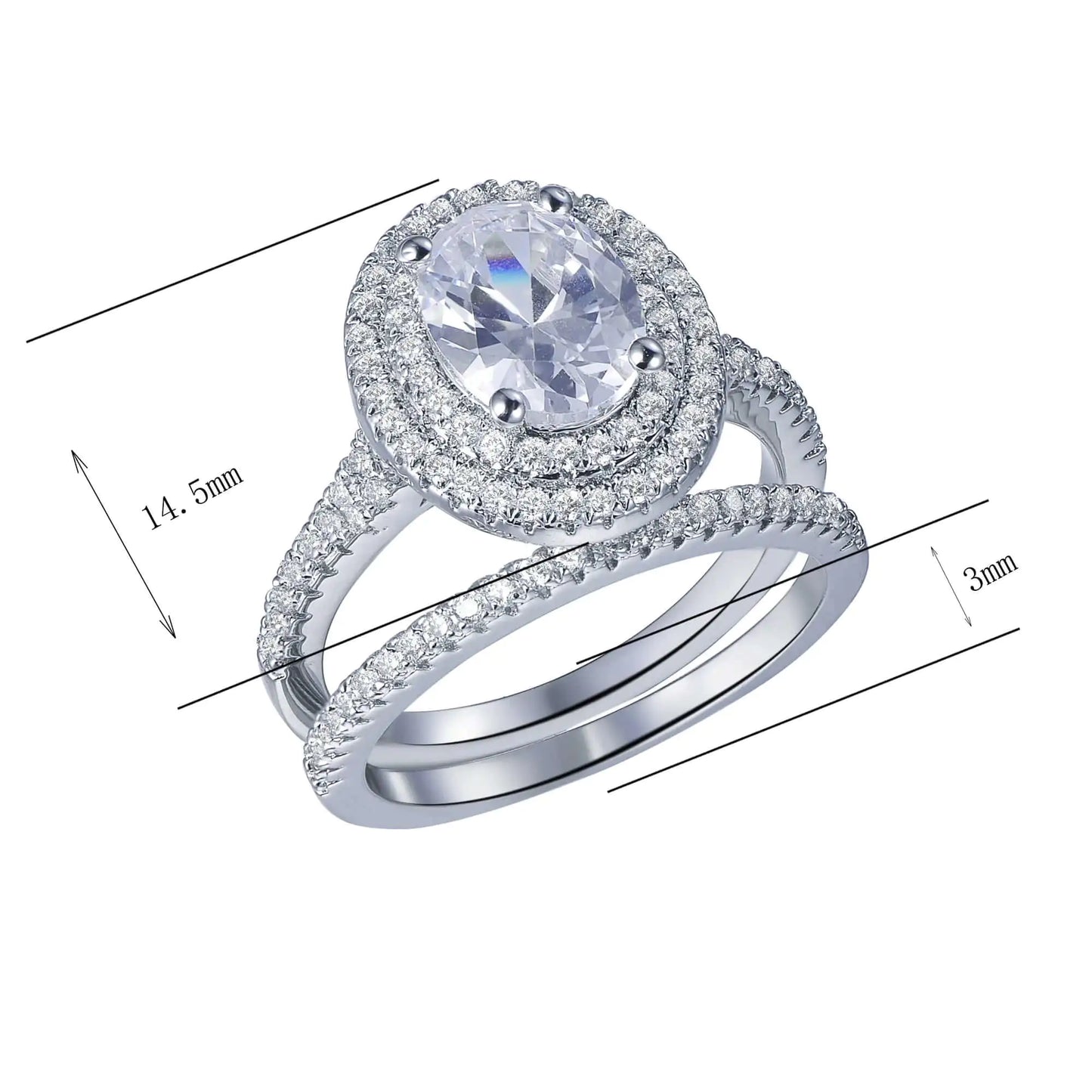 Wholesale Silver Oval Lab Grown Diamond Double Halo Engagement Ring Set