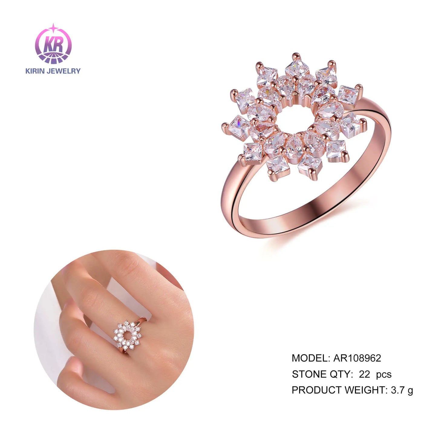Wholesale Silver Rose Gold Plated CZ Lab Diamond Circle Statement Pink Flower Ring for Women