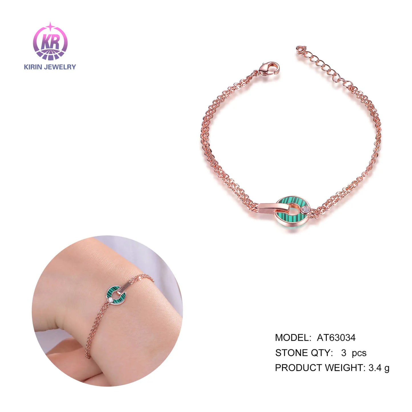 Wholesale Silver Rose Gold Plated CZ & Malakite Interlocking Circle Bracelet for Women