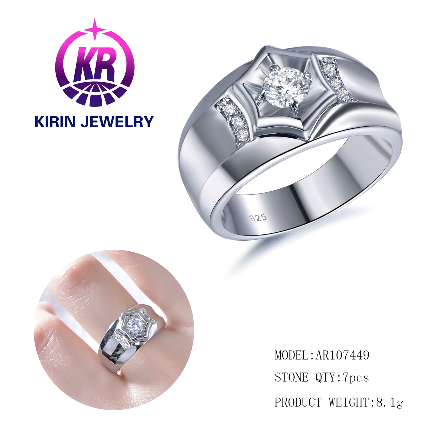 Wholesale Silver Round CZ Hexagon-Shaped Signet Style Diamond Engagement Rings Classic for Women