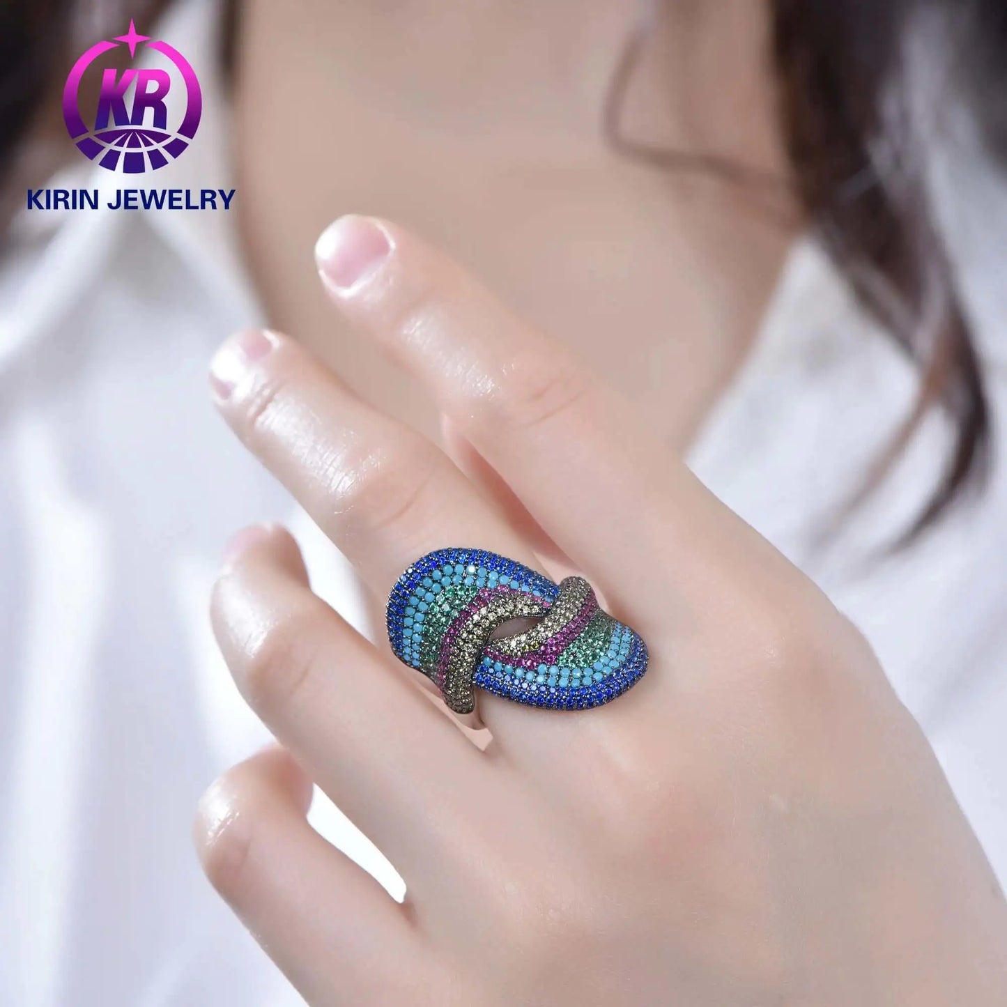Wholesale Silver Statement Multi Gemstone Wave Twisted Band Engagement Ring for Women