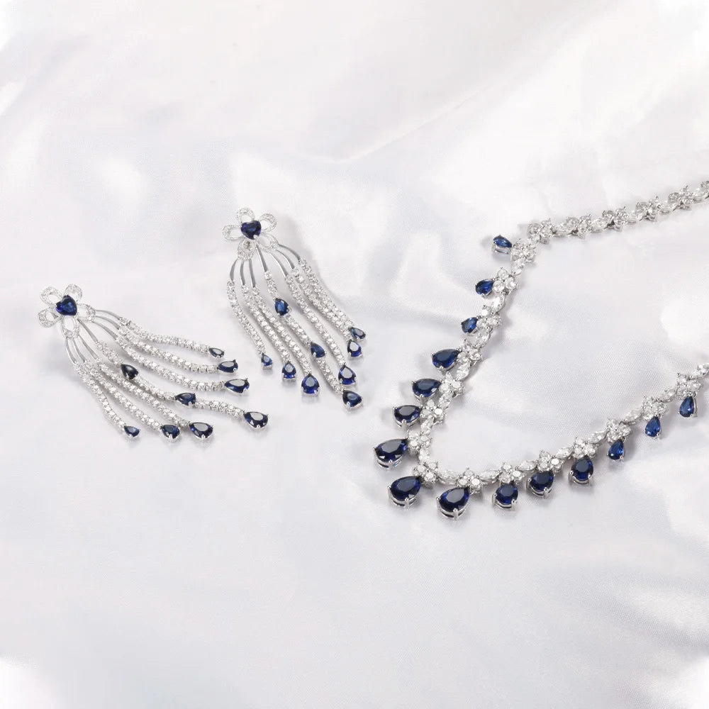 Wholesale Silver Tear-drop Simulated Sapphire Simple Bridal Jewelry Set for Women