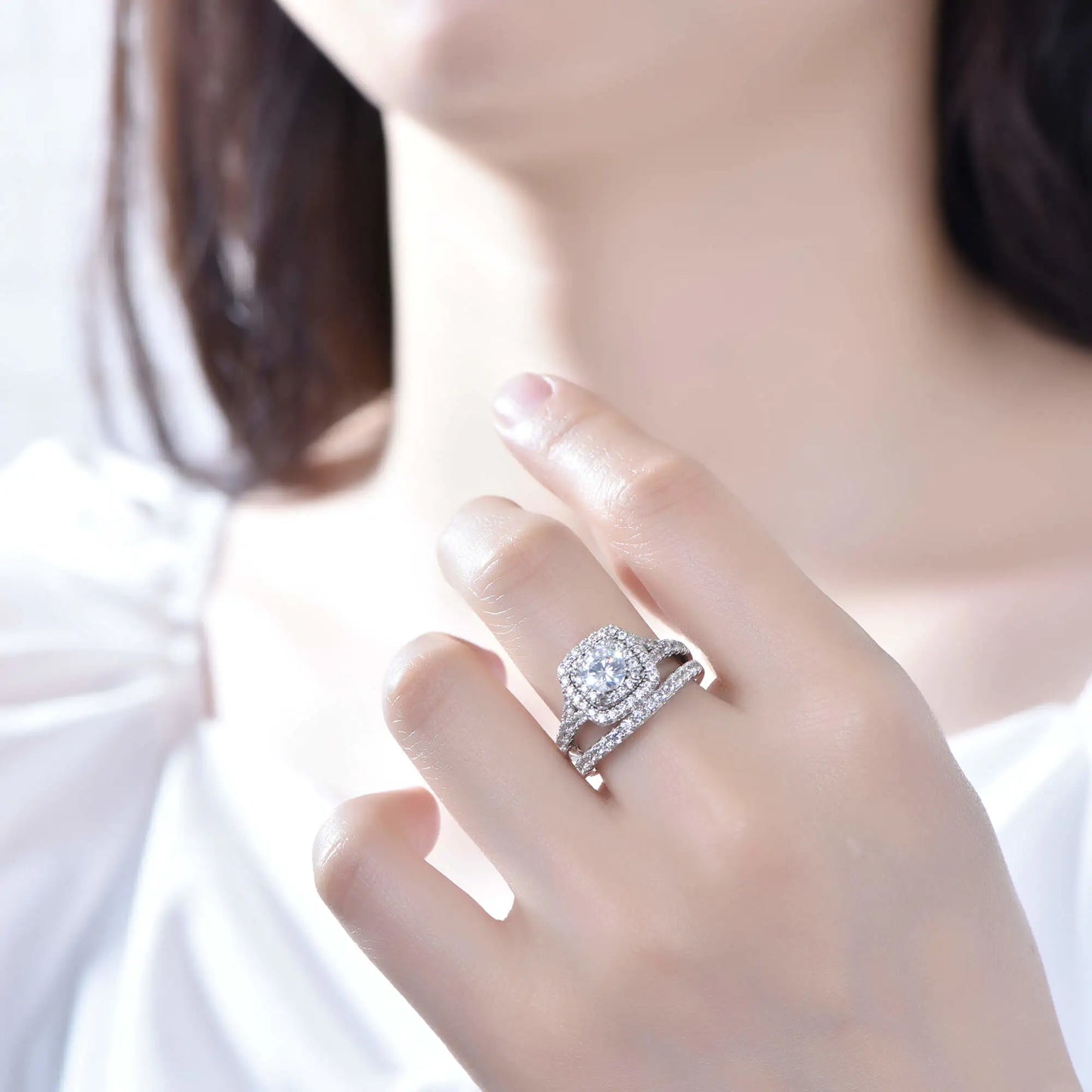 Wholesale Silver Two-in-One Stackable Vintage Halo Engagement Rings for Women