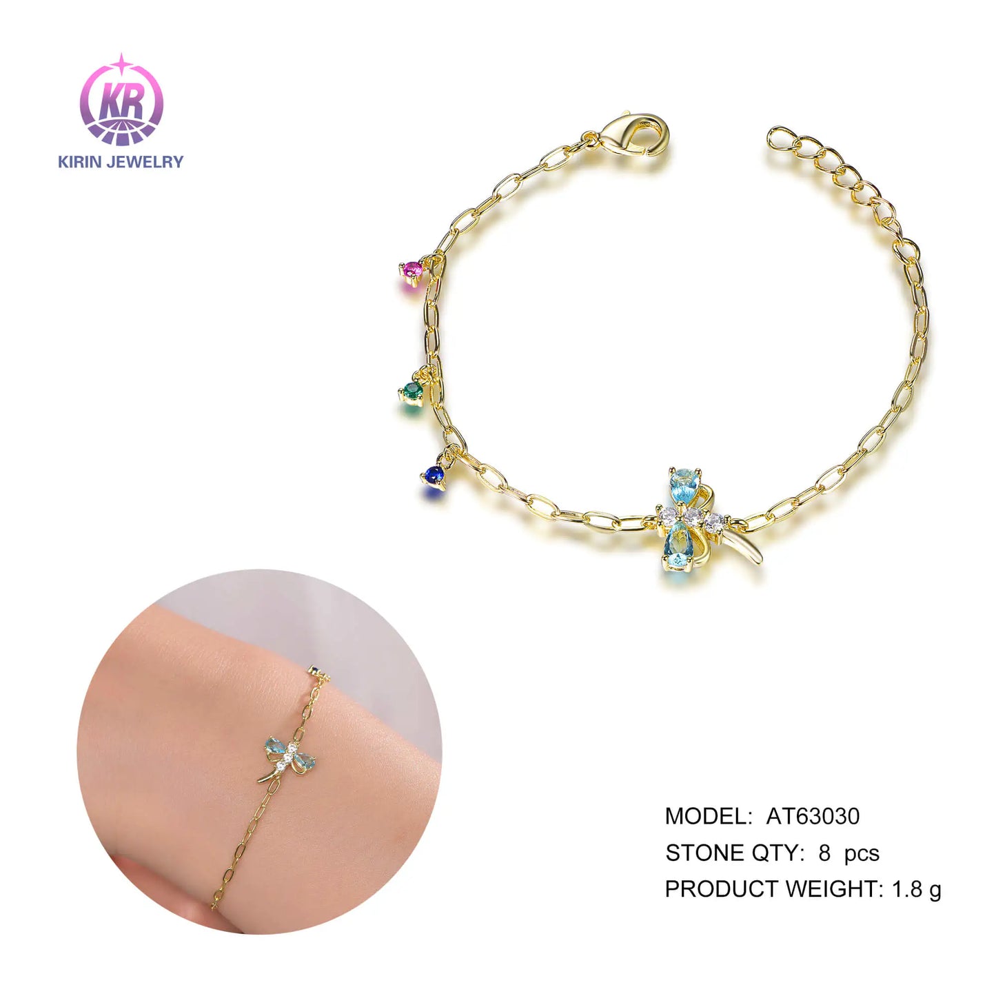 Wholeslae Silver Gold Plated CZ & Glass & Spinel & Corundum Dragonfly Charm Bracelet for Women