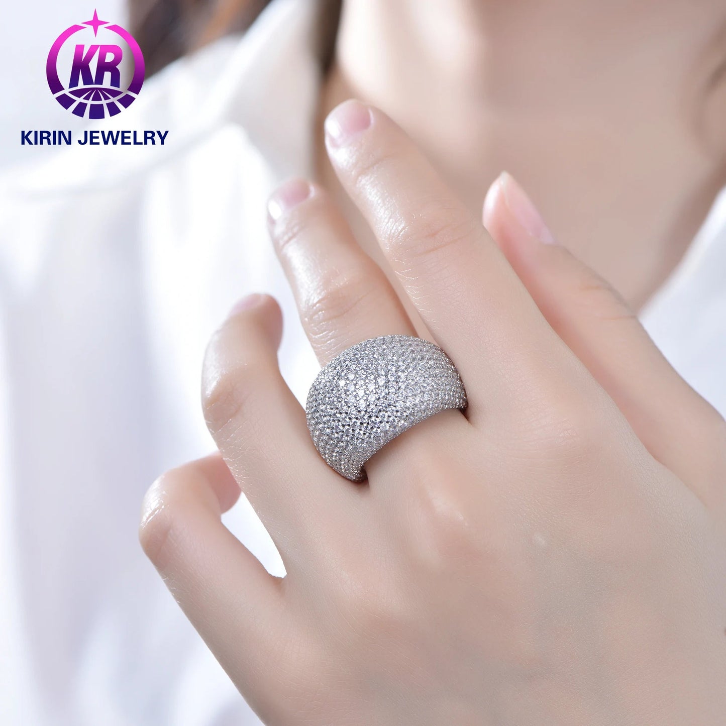 Wide Pave Diamond Dome Ring for Women Engagement Jewelry