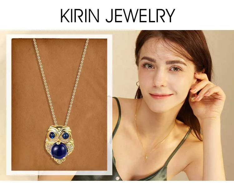 animal necklace pendant 18k gold chain Dark Blue gem owl pendant necklace 14k gold owl pendant necklace Kirin Jewelry