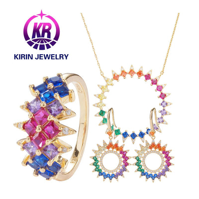 fashion jewelry set for women 925 sterling silver diamond rainbow ring rainbow earrings necklace pendant rainbow jewelry set Kirin Jewelry