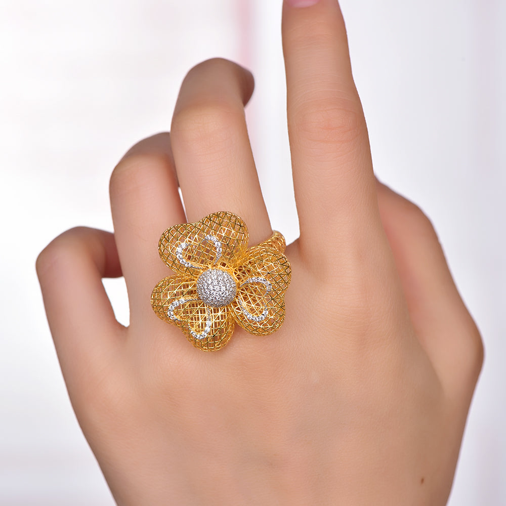 flower rings with 2-tone plating rhodium and 14K gold CZ SET87981R Kirin Jewelry