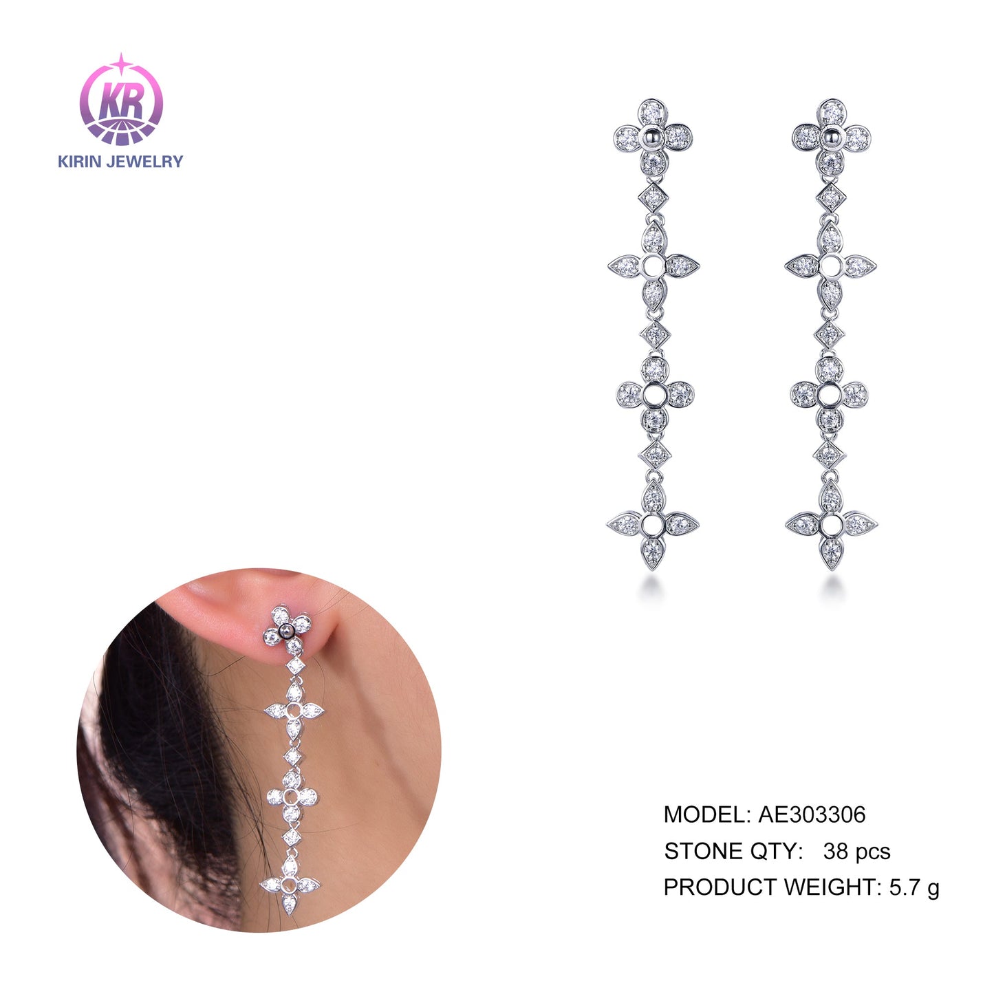 flower type drop earring with rhodium plating CZ 303306 Kirin Jewelry