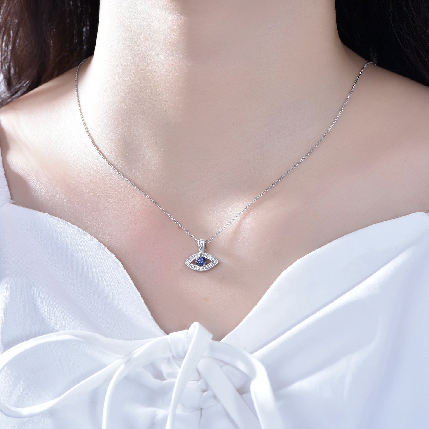 high quality rhodium 925 sterling silver 112# Blue Spniel & 3A White Cubic Zirconia eye necklace fashion accessories Kirin Jewelry
