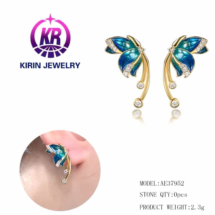 14K gold plated Earring Blue Color Butterfly Cubic Zircon New Fashion Stud Earring Kirin Jewelry