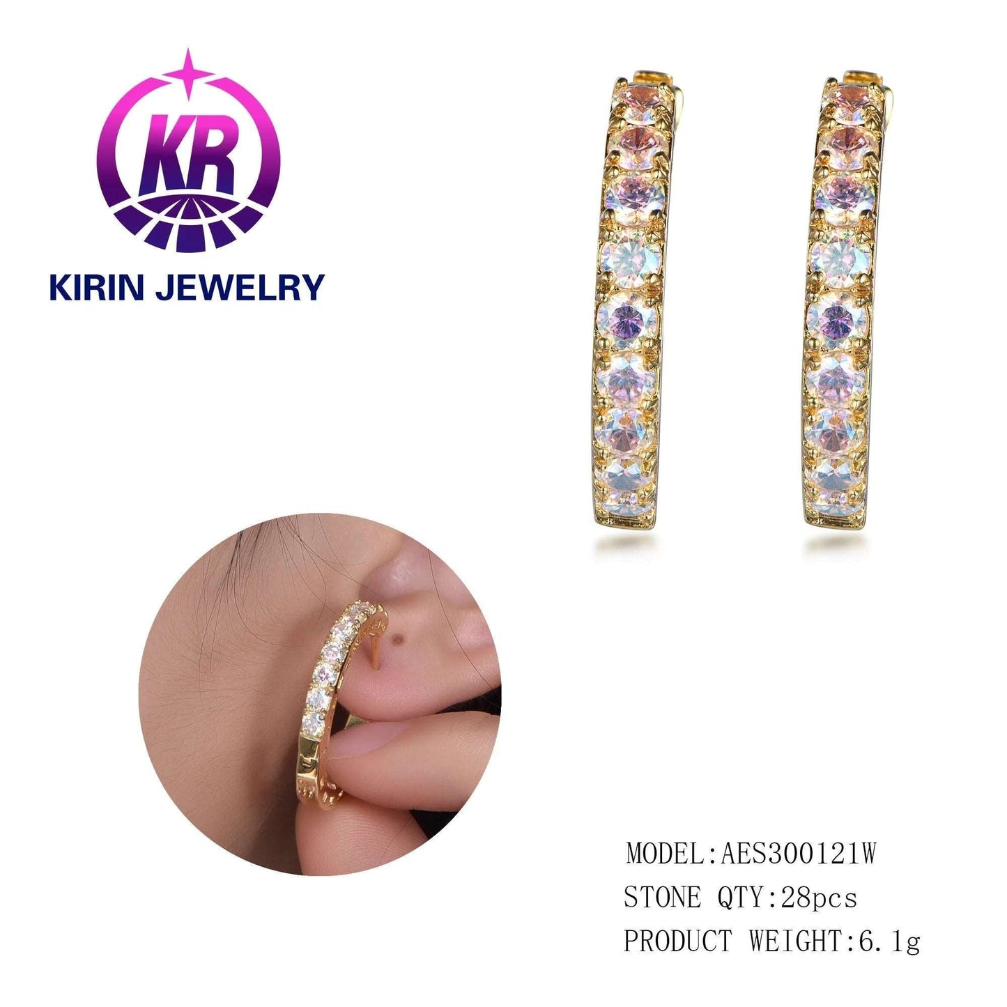 18K Gold Endless Hoop Earrings Oversized Colorful White Stones CC Pink Crystal Gem Quartz Huggie earrings Kirin Jewelry