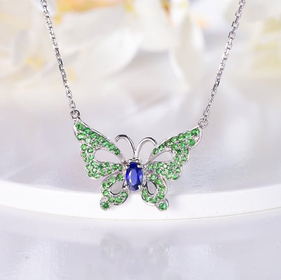 18K gold gemstone pendant butterfly with sapphire emerald_KP40802 Kirin Jewelry