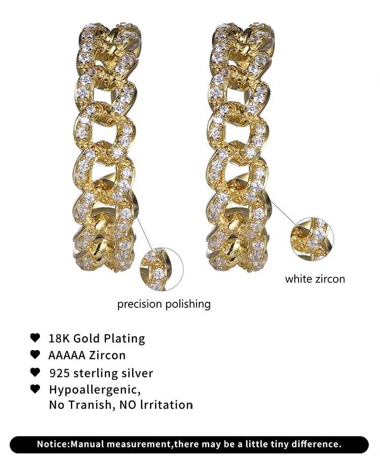 18K gold plated Earrings custom 5A CZ cuban chain link hoop earrings Hollow C Cuban Chain Hoop Stud Earrings Kirin Jewelry